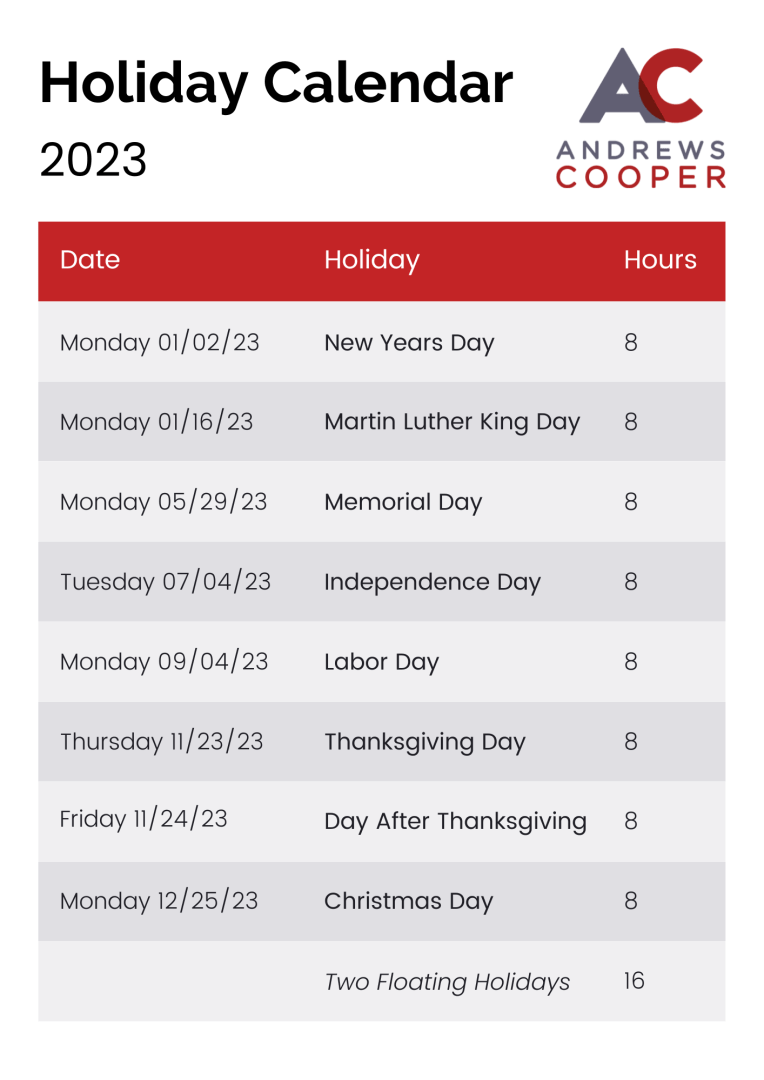 AC Holiday Calendar 2023