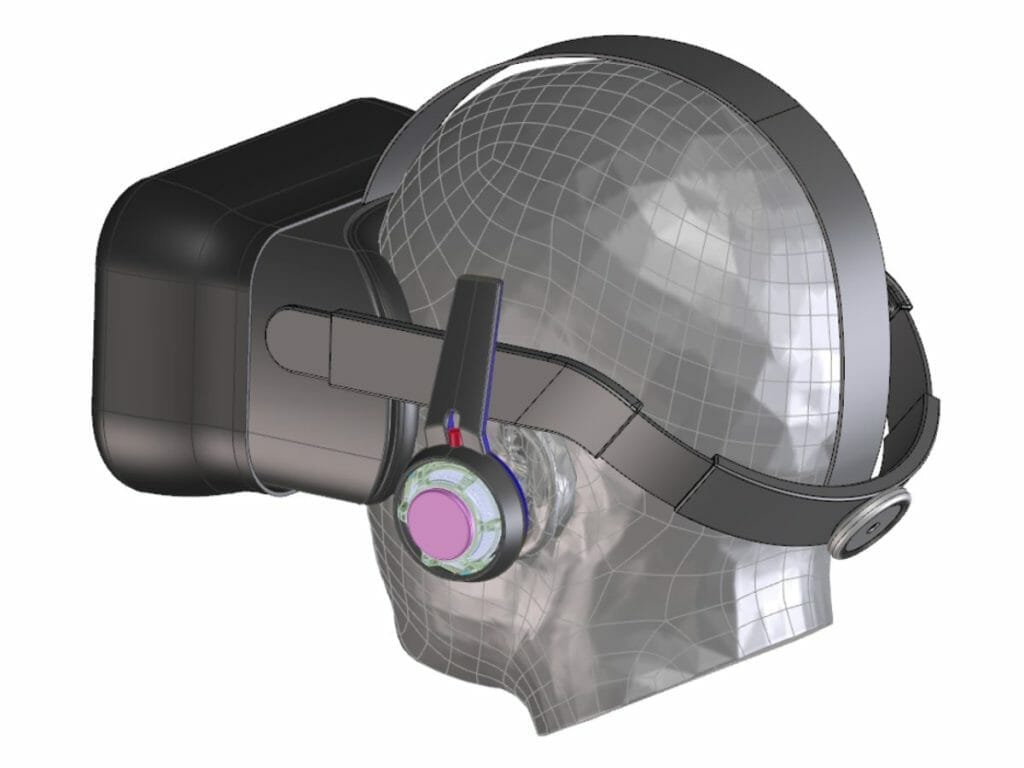 Image depicting early concept drawing of the VR head-mounted display with audio and head strap assemblies for prototyping within the product development life cycle