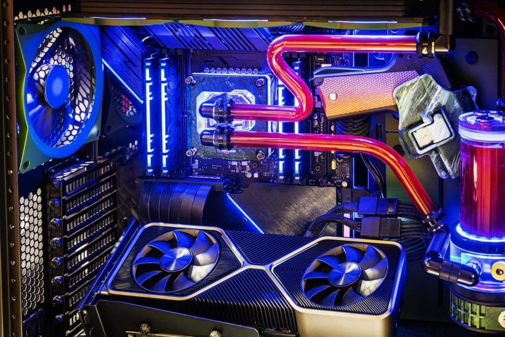 Liquid cooling heat sinks inside a desktop computer tower